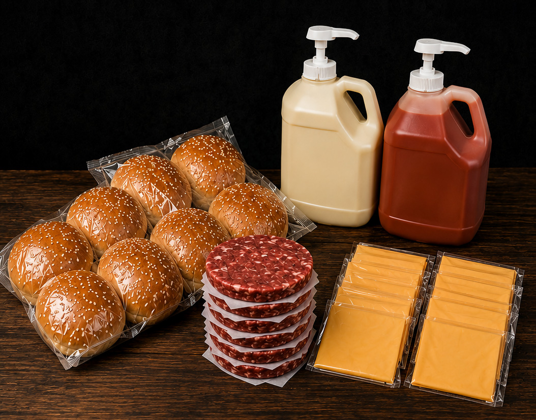 All Negosyo Starter Kit Items Displayed - Buns, Patties, Cheese, Mayo, Ketchup